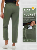 Olive green hiking pants with ample side pockets for phone, keys, earbuds. Elastic waist. #color_Army Green