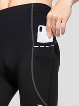 Man's black fleece-lined cycling tights with side pocket holding a smartphone #color_Dark Gray