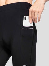 Black fleece-lined cycling tights for men, featuring a phone pocket with reflective stitching. #color_Black
