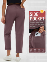 Women's purple straight-leg hiking pants with side pockets, phone pocket, and rolled cuffs. #color_Dark Brown
