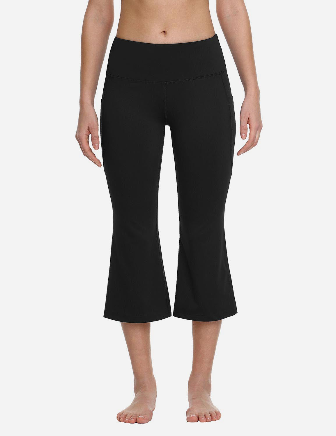 Baleaf Women Mid Rise Side & Hidden Pocketed Bootleg Basic Capris abh111 Black Front