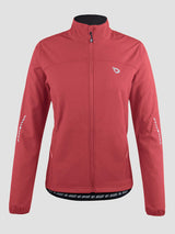 Red softshell fleece cycling jacket with reflective accents on sleeves and a zippered front. #color_Red