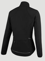 Black softshell fleece cycling jacket with zippered pocket and reflective trim on the back. #color_Black