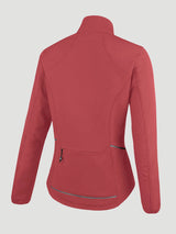 Red women's softshell fleece cycling jacket with zippered back pocket and reflective trim. #color_Red