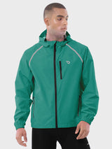 Men's teal UPF 50+ waterproof cycling rain jacket with reflective details and hood. #color_Green