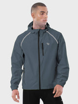 Men's dark gray UPF 50+ waterproof cycling rain jacket with reflective accents.