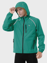 Men's teal UPF 50+ waterproof cycling rain jacket with black zippers and reflective accents. #color_Green