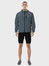Men's dark gray UPF 50+ waterproof cycling rain jacket with reflective accents and black cycling shorts. #color_Dark Gray