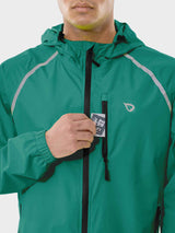Men's green UPF 50+ waterproof cycling rain jacket with reflective accents and chest pocket. #color_Green