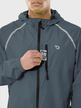 Men's UPF 50+ waterproof cycling rain jacket in dark grey with reflective stripes and chest pocket. #color_Dark Gray