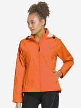 Woman wearing an orange waterproof cycling rain jacket with a white hood accent and the Baleaf logo #color_Orange