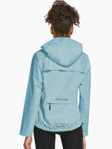 Woman in light blue Baleaf waterproof cycling rain jacket, back view. Features hood, reflective details, and zipper pocket.