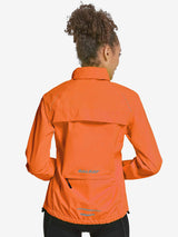 Woman in orange waterproof cycling rain jacket with reflective details and BALEAF logo on back pocket. #color_Orange