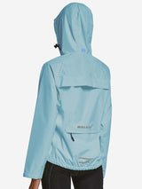 Light blue women's waterproof cycling rain jacket with hood and reflective details #color_Blue