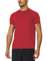 Baleaf red men's short-sleeve running shirt with reflective tape detail. #color_Red