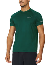 Men's BALEAF short-sleeve running shirt, dark green, quick-dry fabric, reflective tape. #color_Dark Green