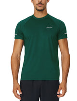 BALEAF men's dark green short-sleeve running shirt with reflective tape and moisture-wicking fabric.