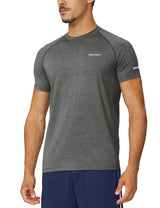 Men's heathered dark grey BALEAF running shirt, raglan sleeves, reflective sleeve detail. #color_Gray