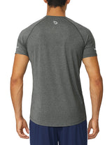 Men's grey heather short-sleeve running shirt, back view, raglan sleeves, reflective details.