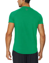 Green men's breathable short-sleeve running shirt, back view, with raglan sleeves and reflective accents.