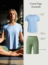 Casual Yoga Essentials set: blue short sleeve tee, green Bermuda shorts, woman meditating.