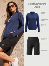 Casual adventure outfit: navy UPF 50+ zip top and black Bermuda shorts with secure pockets.