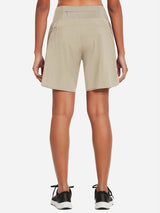 Women's 7" khaki running shorts with built-in liner and pockets, showing the back view. #color_Khaki