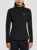 Women's black brushed half-zip running top with thumbholes and zippered pockets. #color_Black