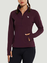 Women's burgundy half-zip running pullover top with thumbholes and zipper pocket. #color_Wine Red
