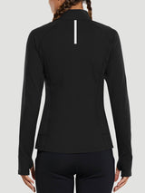 Back view of women's black half-zip running pullover top with thumbholes and reflective stripe.