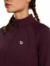 Women's burgundy brushed half-zip running top with mock neck and white logo #color_Wine Red