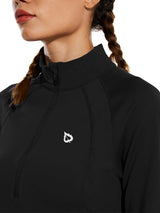 Women's black brushed half-zip pullover running top with athletic seams & logo. #color_Black