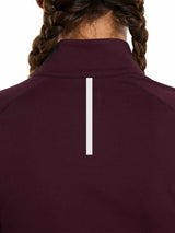 Women's burgundy half-zip running pullover top with reflective back stripe. #color_Wine Red