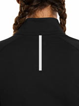 Women's black long-sleeve running top with white vertical stripe detail. #color_Black