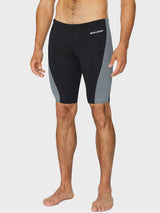 Men's black BALEAF swim jammers shorts with gray side panels, knee-length fit. #color_Black/Gray