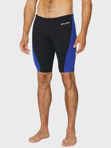 Men's black swim jammers with royal blue side panels and Baleaf logo. #color_Blue/Black