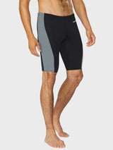 Men's black swim jammers with gray side panels, featuring a Baleaf logo on the left thigh. #color_Black/Gray
