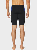 Black men's swim jammers with blue side panels, hitting mid-thigh. #color_Blue/Black