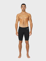 Black men's swim jammers shorts with BALEAF logo on the left leg, featuring zippered pockets. #color_Black