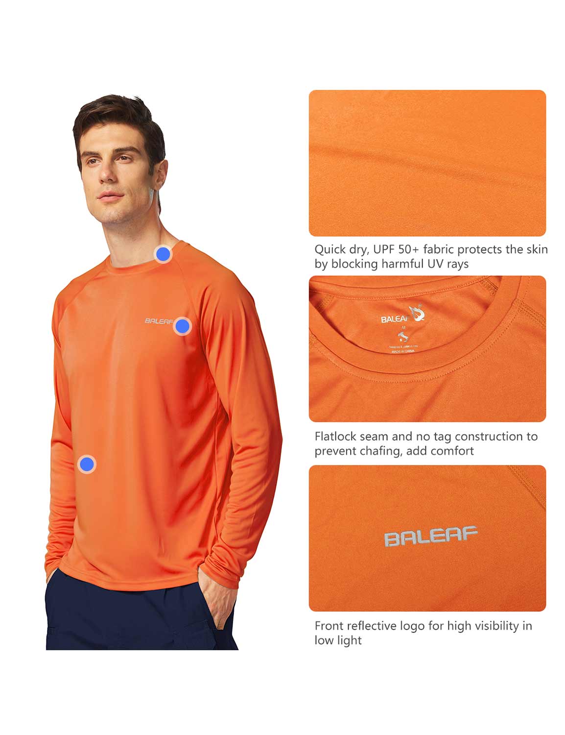 Baleaf Men's UPF50+ Long Sleeved Loose Fit Casual T-Shirt Vibrant Orange Details
