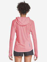 Women's pink UPF 50+ hiking shirt with hood and thumbholes, paired with black shorts. #color_Pink