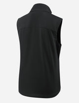Black women's windproof softshell vest from the back, featuring a stand collar and smooth fabric. #color_Black