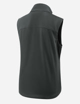 Back view of women's windproof softshell vest in dark gray with a stand collar and elastic hem. #color_Gray