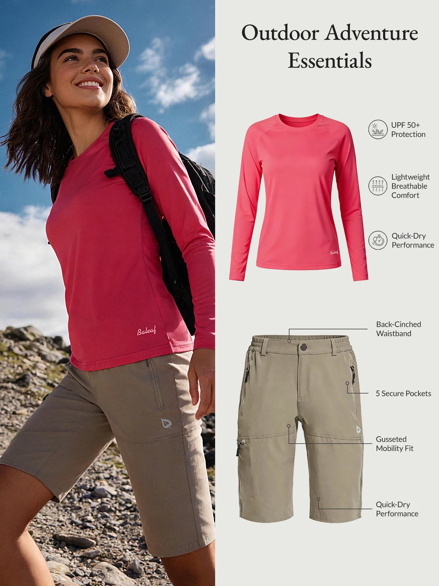 Pink UPF50+ sun shirt & khaki women's hiking shorts. Quick-dry, breathable, 5 pockets.