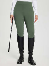 Green women's full-seat fleece silicone breeches with patterned grip and riding boots. #color_Army Green