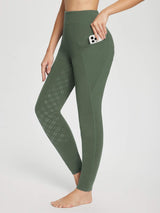 Women's olive green fleece-lined riding breeches with full-seat silicone grip and phone pocket. #color_Army Green