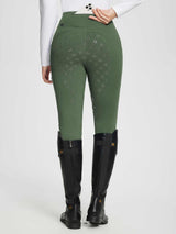 Women's green fleece-lined riding breeches with full-seat silicone grip and diamond pattern detail. #color_Army Green