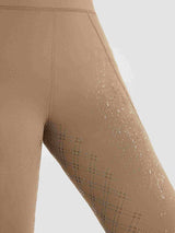 Women's tan fleece-lined riding breeches with water drops & full-seat silicone grip pattern. #color_Brown