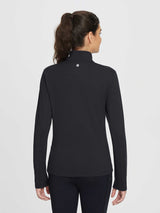 Women's black half-zip fleece pullover golf top with high neck and zippered pocket leggings. #color_Black