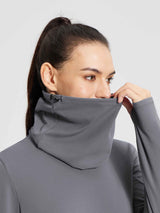 Grey detachable-collar thermal ski base top with adjustable neck pulled high. #color_Lavender Gray
